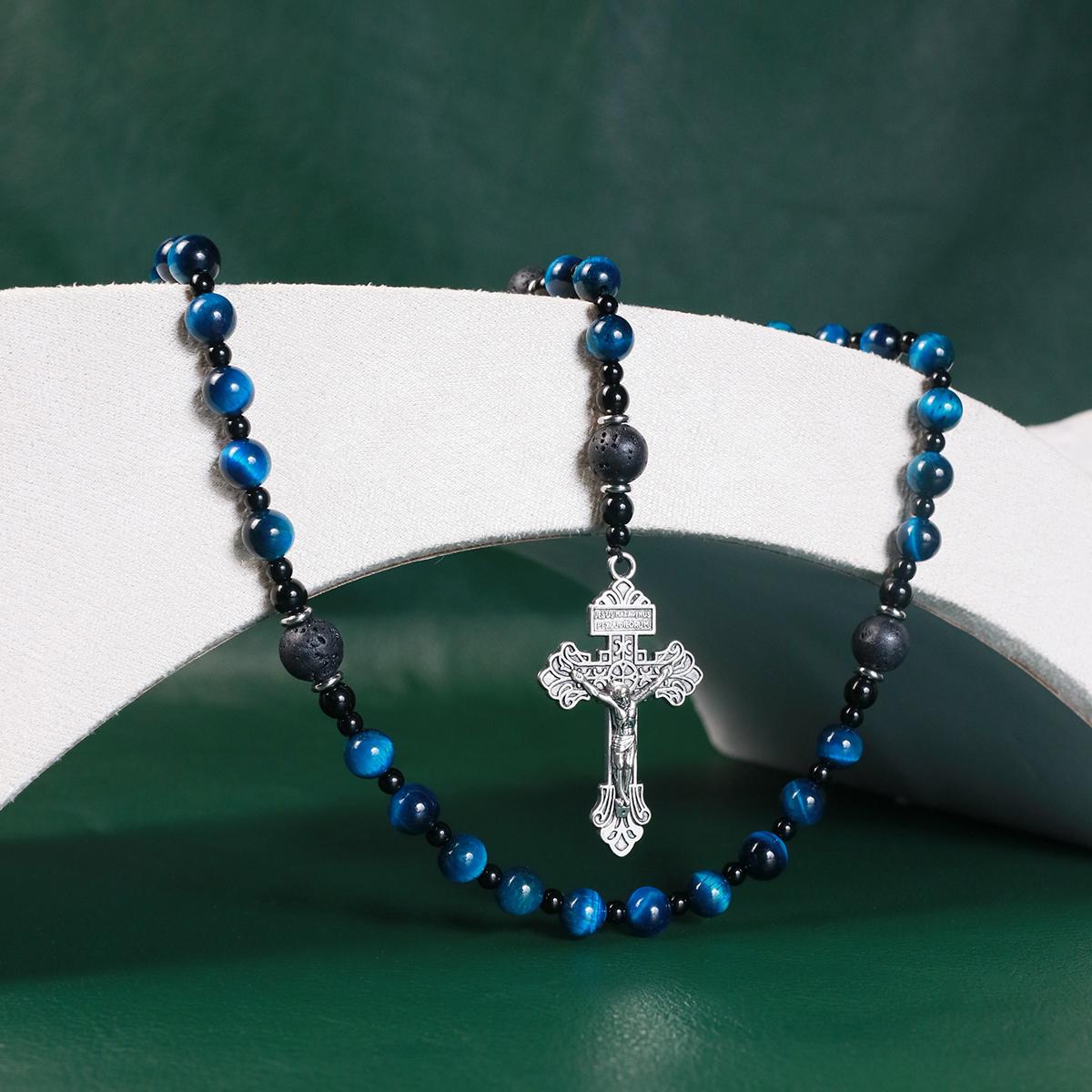 Rosary beads catholic for men,Rosary Necklace for men with medal & cross,Handmade stone Beads Our Lady of Grace Rosary Cross Necklace Catholic Gifts