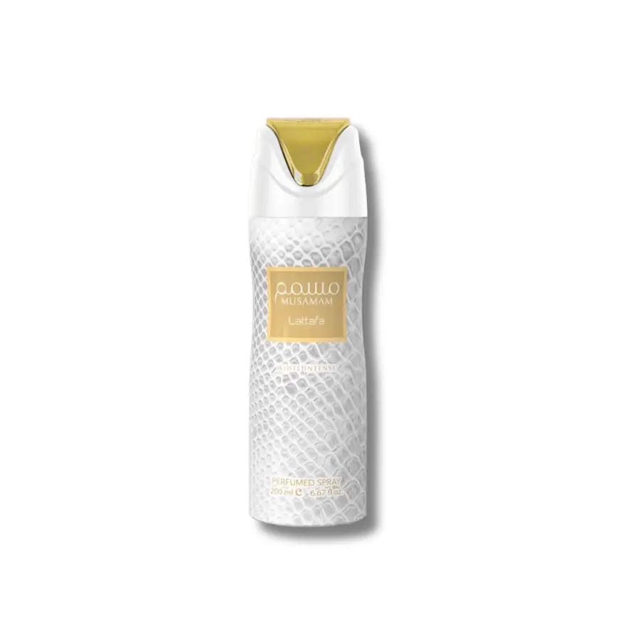 Lattafa Musamam White Intense Deodorant Spray, an Oriental Floral Fragrance with Spices, Ylang Ylang & Sandalwood, Unisex Scented Body Spray, 200 ML, Female, Travel Toiletries, Liquid, Ambroxan, 200Ml, Tender, Body Care, Blend, Deodorizing + Perfumed Mist