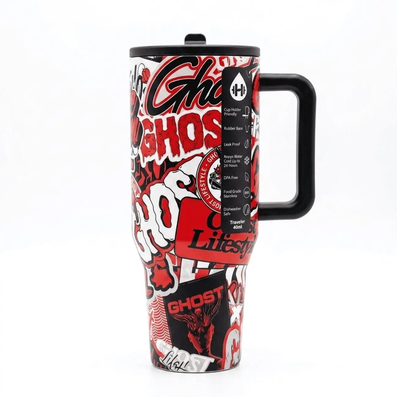 HydroJug GHOST INFRARED RED & BLACK  40Oz Traveler | Leak-Proof Insulated Tumbler with Flip Straw & Cup Holder Fit Flasks Lid Drinkware Leakproof Tumbler