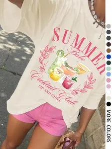 Women's Fruit Cocktail Print Round Neck Tee, Casual Short Sleeve Crew Neck T-shirt for Summer, Fashion Women's Top for Daily Wear