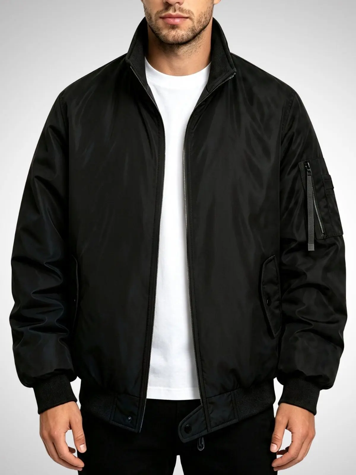 Men’s Aviator Workwear Coat - Polyester Clothes, Fleece-Lined, Padded, Medium Length, Solid Plain, Stand Collar, Machine Washable Autumn Winter Jacket