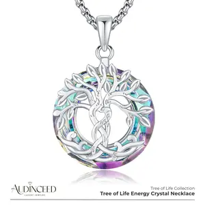 Audinceed Tree of Life Crystal Necklace, S925 Sterling Silver Tree of Life Austrian Crystal Silver Necklace Pendant Religion Blessed Jewelry Anniversary Birthday Gift For Men Women