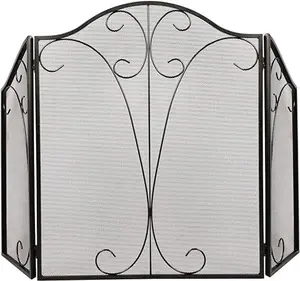 Better Garden 50''(W) X 32''(H) Fireplace Screen 3 Panel Ornate Wrought Iron Black Metal Fire Place Standing Gate