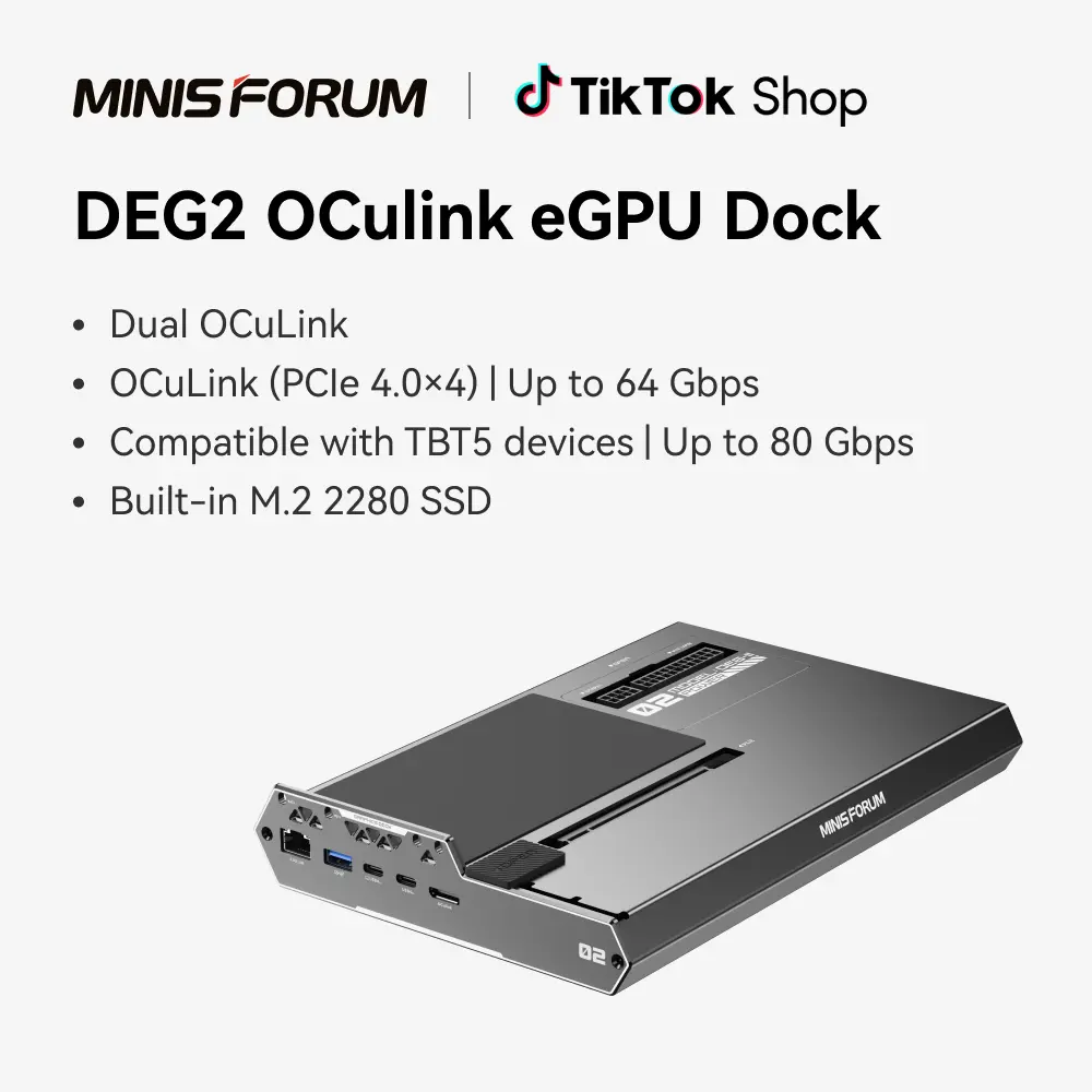 MINISFORUM DEG2 eGPU Docking Station - OCuLink, USB4 V2 & TBT5 Support, Graphics Ext. Enclosure, PCIe 4.0×4, ATX/SFX PSU Compatible, M.2 Slot, 2.5G LAN Port, USB 3.2 Port
