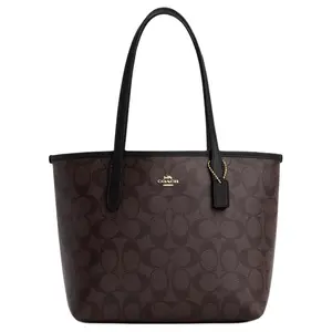 COACH City 23 Classic Monogram Snap Tote Bag in Leather for Women with Gold and Brown-Black Accents