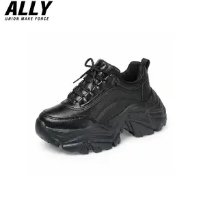 ALLY Platform Sneakers for Women | Chunky Black Trendy Faux Leather Dad Shoes | Non-Slip Lug Sole | Comfortable Walking Shoes for Work, School & Street Style