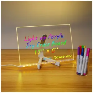 Mother Day Gift Acrylic Dry Erase Board with Light 11.8 X 7.9” Clear Light up Dry Erase Board with Stand Desktop Glow Memo LED Letter Rewritable Message Board White Board LED Note Board with 7 Color Markers