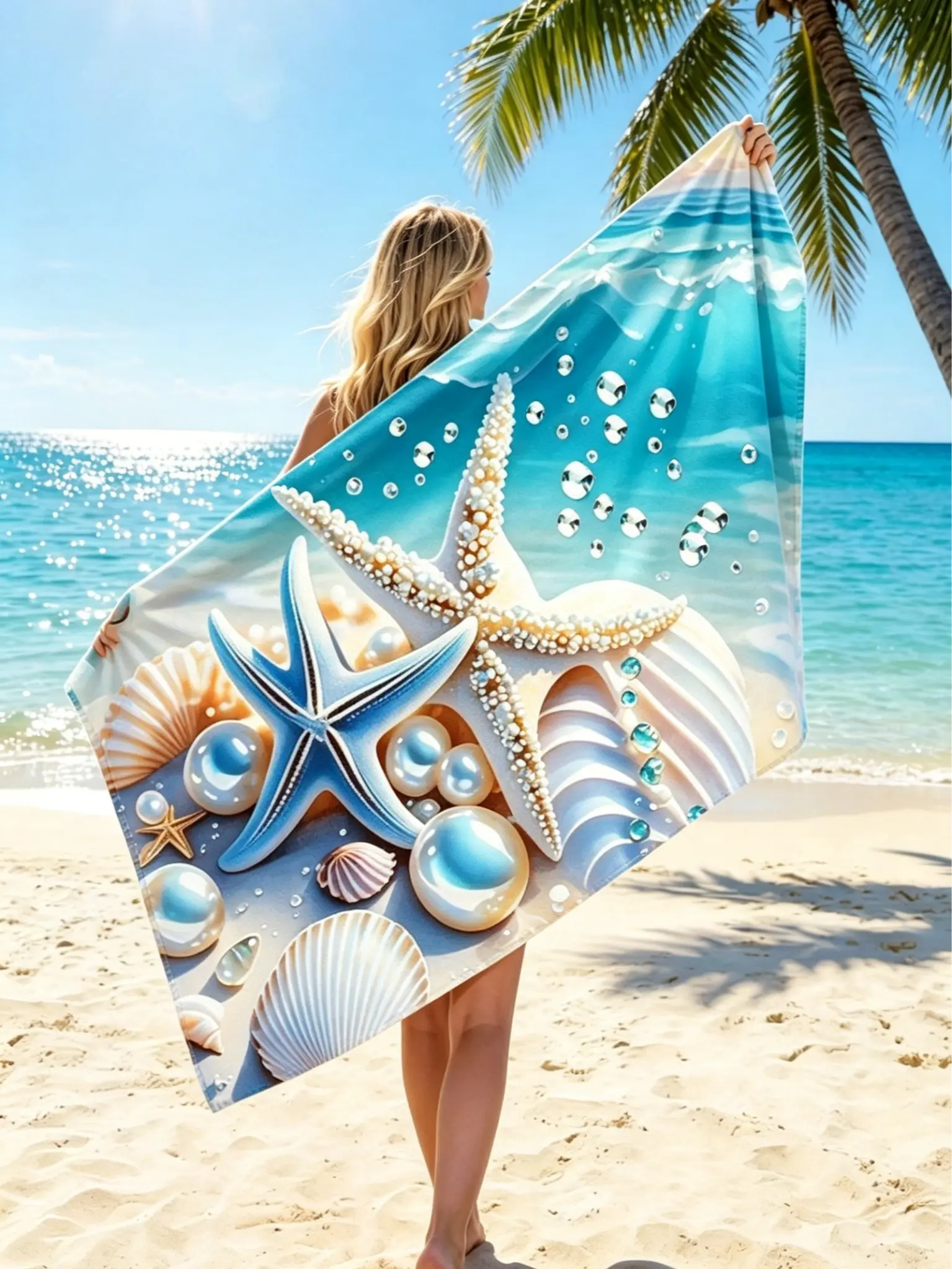 Ocean Shell Starfish Pattern Beach Towel, Quick Dry Microfiber, Multipurpose, Machine Washable & Durable. Suitable for Beach, Pool, Bathroom, Camping, Travel, Yoga, Fitness. Can be used as bleacher blanket, party decoration and photo background.