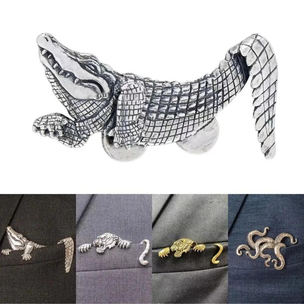 Retro Traditional Animal-Shaped Brooch for Men's Accessories, Heavy-Duty Crocodile Pattern Collar Button Decoration, Punk Fashion Tiger Design