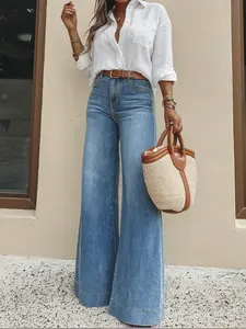 Women's Fashion Denim Jeans, Trendy Comfortable Wide Leg Elastic Soft Quality Women's Long Pants, Elegant All Seasons Fitted Style