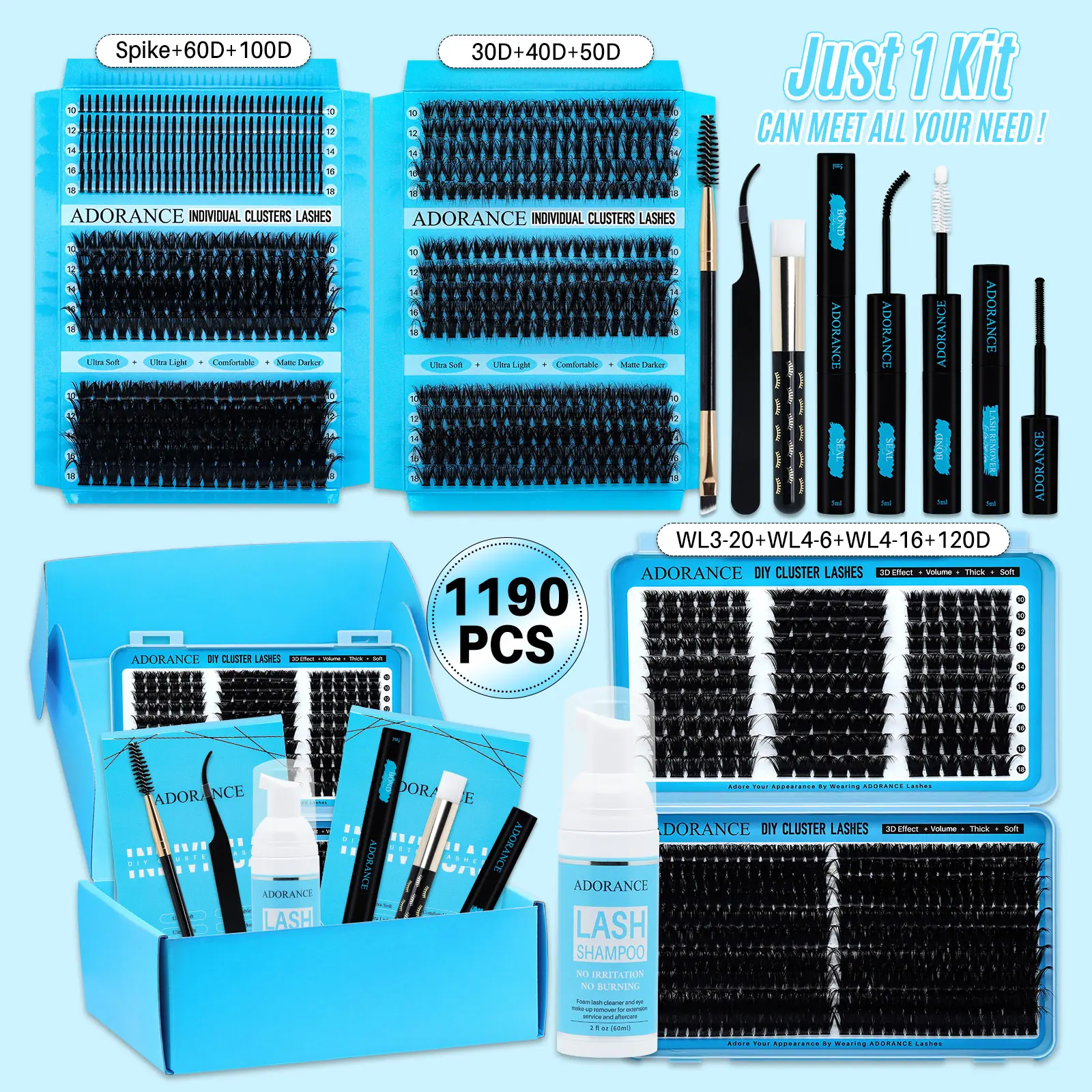 1190PCS/540PCS/350PCS Eyelashes Clusters Kit D Curl 10 Styles Mix10-18mm Spikes/Natural/Volume/3D Effect Lashes Kit with Bond&Seal Lash Remover Lash Brush Lash Applicator Lash Shampoo Brush, DIY at Home Eyelash Extensions Kit Eyelash Set