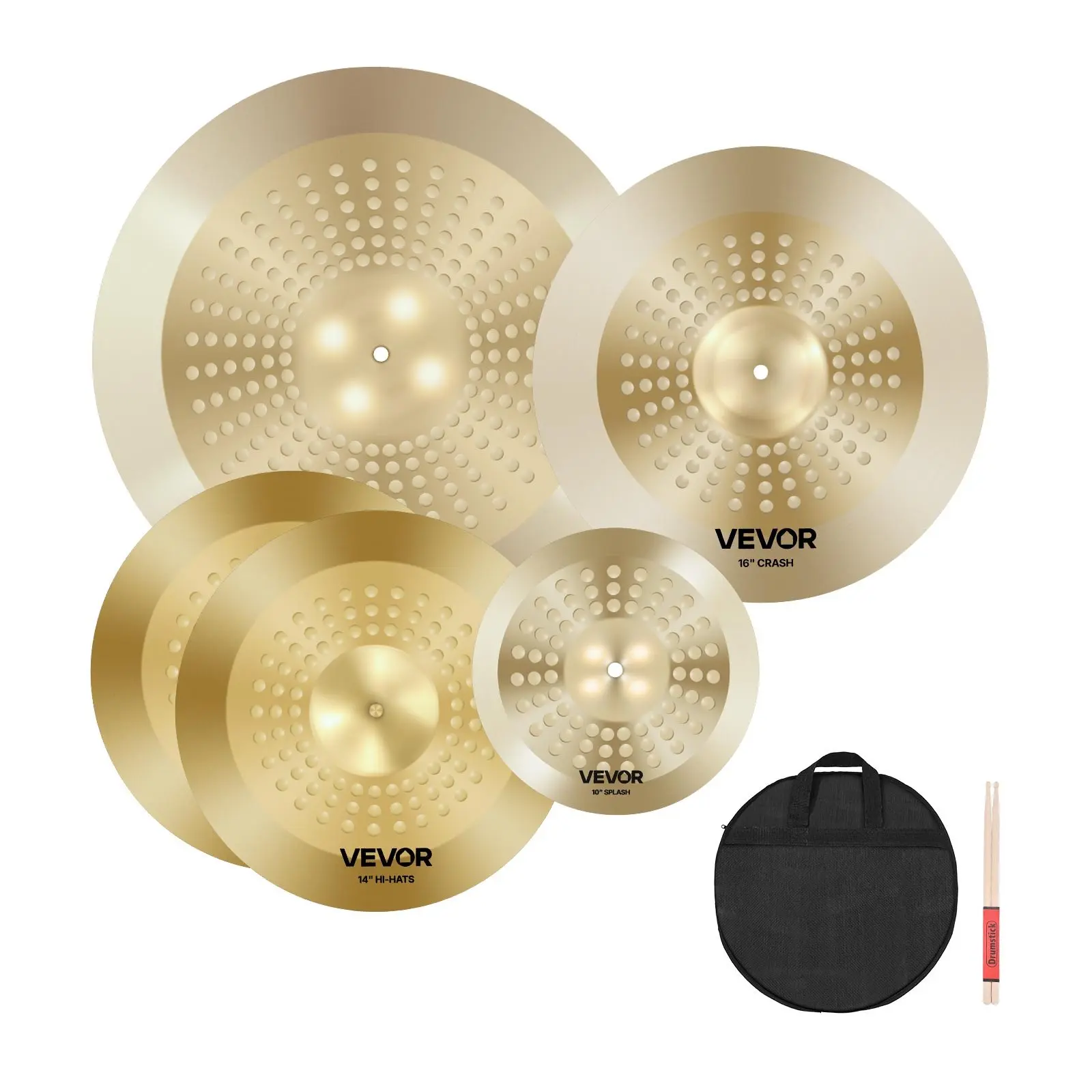 VEVOR Cymbal Pack 4E4G, 4 Pieces Alloy Cymbals for Drum Set, 14-inch Hi-Hats, 16-inch Crash, 20-inch Ride, 10-inch Splash, Drumsticks & Cymbal Bag, Bright Copper Percussion InstrumentSummervibes
