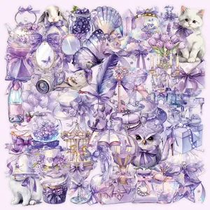 50pcs Cartoon Girly Purple Dream Transparent PET Material Graffiti Stickers Series. Suitable for suitcases, phone cases, laptops, helmets, skateboards. Waterproof decorative DIY creative stickers.