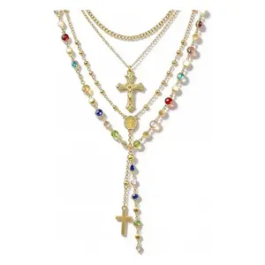4PCS Layered Gold Cross Necklace Set for Women – Boho Bead Pearl Y Pendant, Vintage Rosary Stack Adjustable