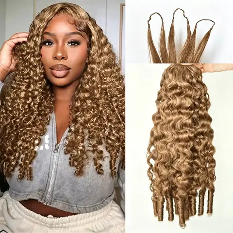 New Arrival 27# Honey Blonde Color Ramiss Burmese Curly Crochet Human Hair Pre-Separated 50g/Pack Time-Saving, 40 Strands/Pack Mircale Knots Hot braids,4-5 Packs for Full Head Protective Styles Light Weight No Tension Reusable Feather Crochet