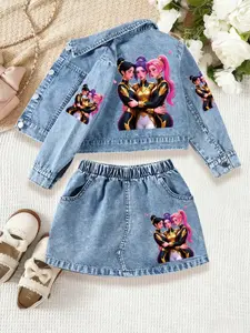 Girls' Cartoon Print Denim Set, Knee-Length Casual, Suitable for Ages 3+, All Seasons, Perfect for Outdoor Activities