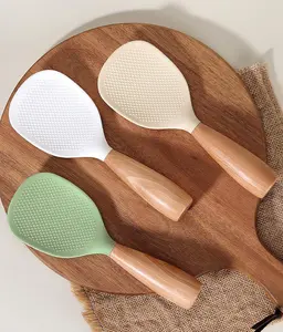 2Pcs Standing Silicone Rice Spoon and Cooking Spoon with Wooden Handle, Non stick Heat Resistant Anti-scalding Rice Scooper, Great for Cooking, Mixing, Scoop (Green & White)