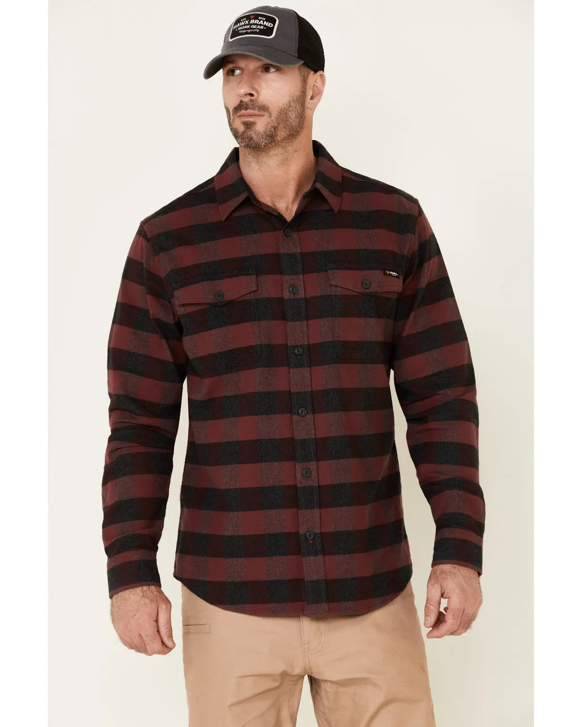 Men's Dark Red Harris Stretch Plaid Flannel Long Sleeve Button Down Work Shirt