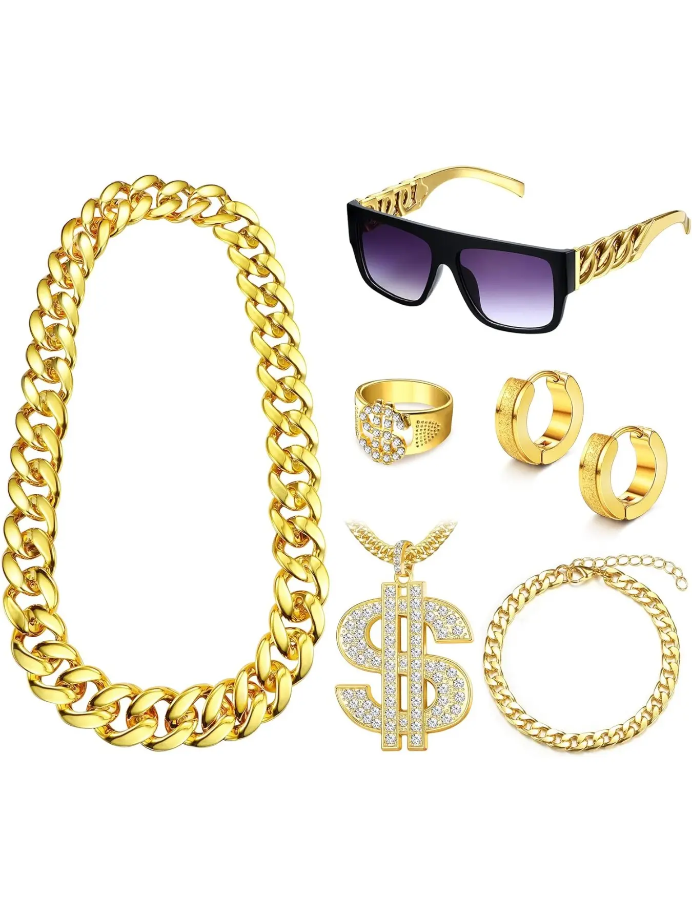 6Pcs 80s 90s Hip Hop Costumes Outfit Fake Chain Money Punk Sunglasses Dollar Sign Finger Ring Hoop Earrings 14K Gold Plated Chains Bracelet for Men Women