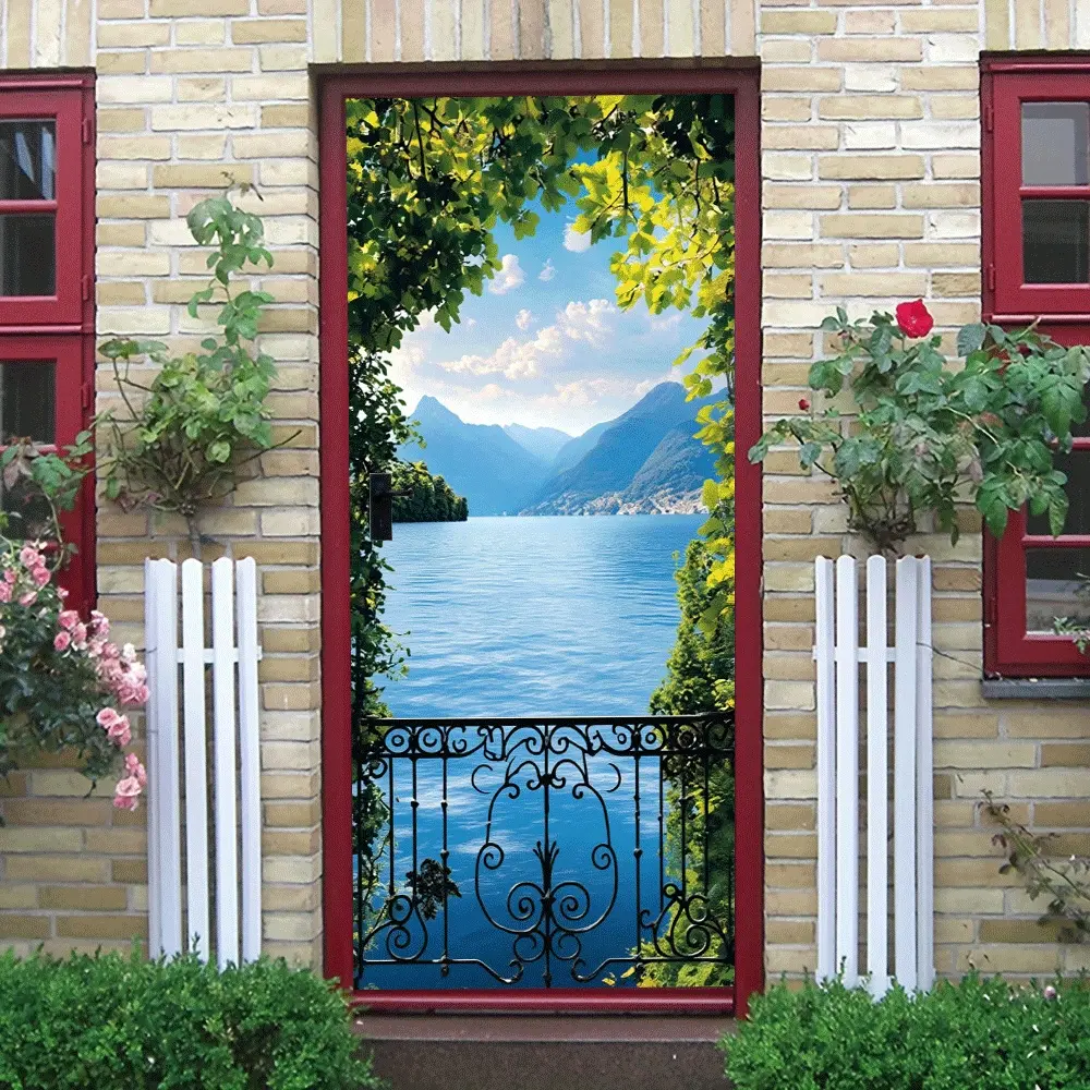 2pcs Stereo Scenery Wall Sticker European Style Iron Rail Design Lake and Mountain Natural Landscape Decal Living Room Bedroom Decorative Painting Self Adhesive Removable Waterproof Wallpaper Home Wall