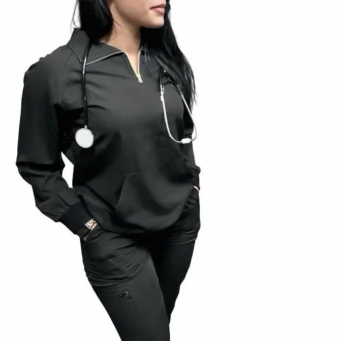 (Solo el top) Royal ScrubWear Ivy Long Sleeve Scrub Top | Zip Front with Kangaroo Pocket( Top Only)
