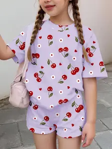 Children Cream Cherry Heart Flower Pattern, Vintage Casual Style, Youth Girls Summer Short Sleeve Shorts Set, Boho Hippie Festival Fashion, Vintage Charm