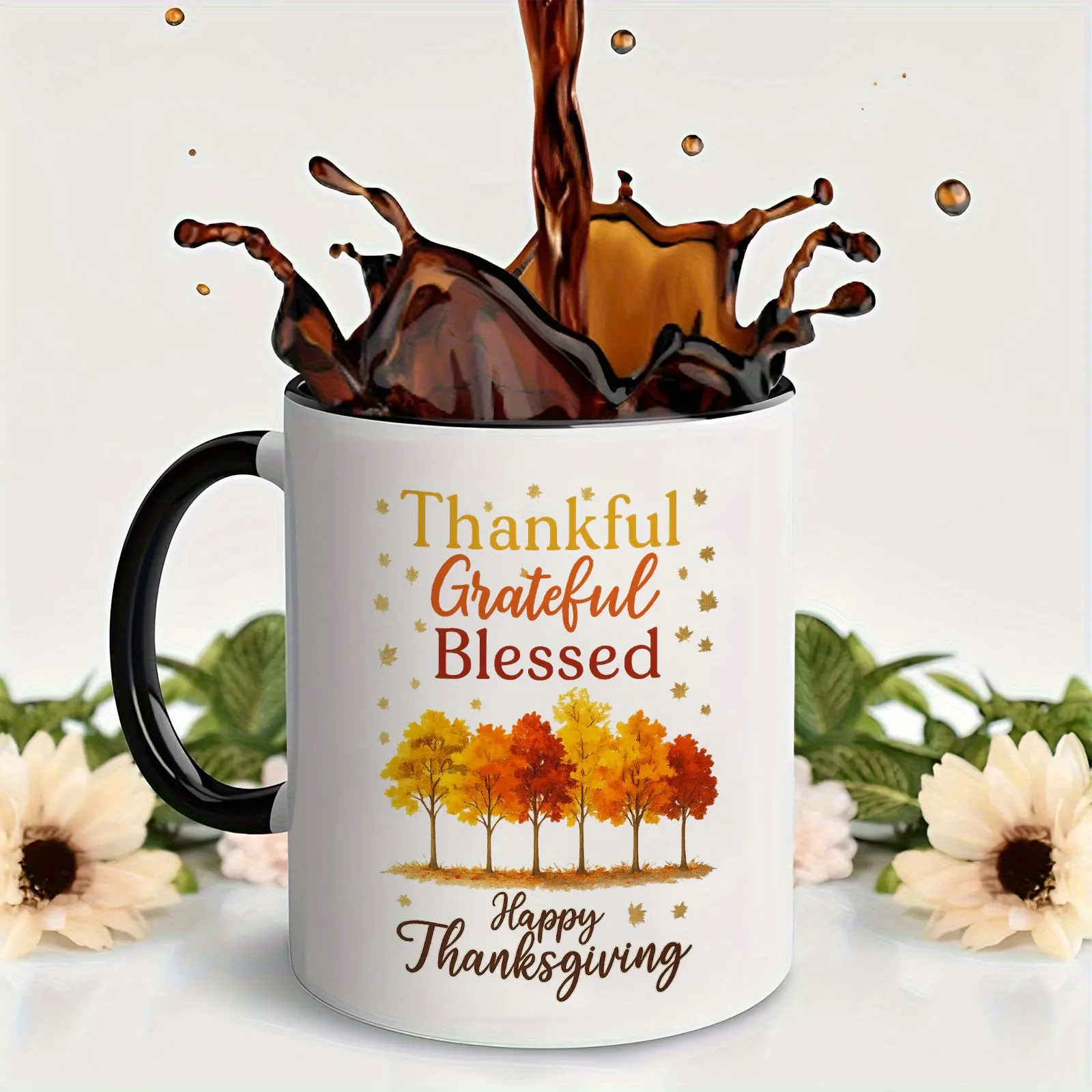 11oz Happy Thanksgiving Coffee Mug Thankful Grateful Blessed Fall Autumn Tree Ceramic Cup Holiday Season Home Decor Gift For Family Friends