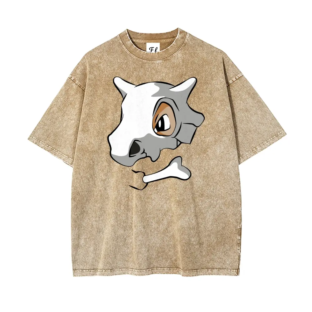 Men's Cotton Round Neck Short-Sleeve Top - Pocket Monsters Cubone Skull Bone Face Graphic, Retro Washed Vintage Distressed Oversized Loose-Fit Anime Streetwear, Stretch Fabric Menswear