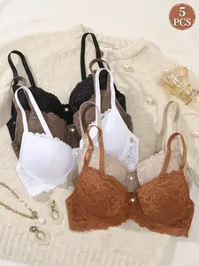 5PCS Women's Lace Underwire Push-Up Bra Underwear, Elegant Supportive Lift and Anti-Sagging Minimizer Bra,Breathable Lace Buttery Soft, Adjustable Straps, Chic Everyday Wear