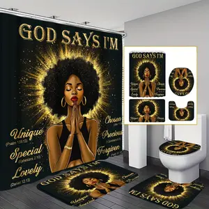 4-piece/1-piece African prayer bathroom shower curtain set, with 12 hooks, non-slip floor mat, toilet seat cushion and U-shaped mat, modern home bathroom accessories, Christian women's bathroom decoration gift, best choice for Christmas