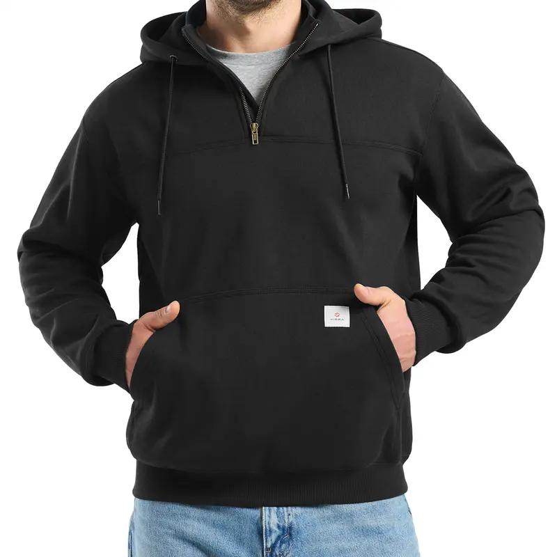 HISEA Men’s Durable Cotton-Poly Blend Knitted Fleece Fabric Hoodie, 13.6oz Heavyweight Insulated 1/4-Front Half Zip Pullover, Adjustable Hood, Waterproof, Machine-Washable, Loose Fit, Breathable, Cold Weather Outdoor Work Cotton Clothing Top