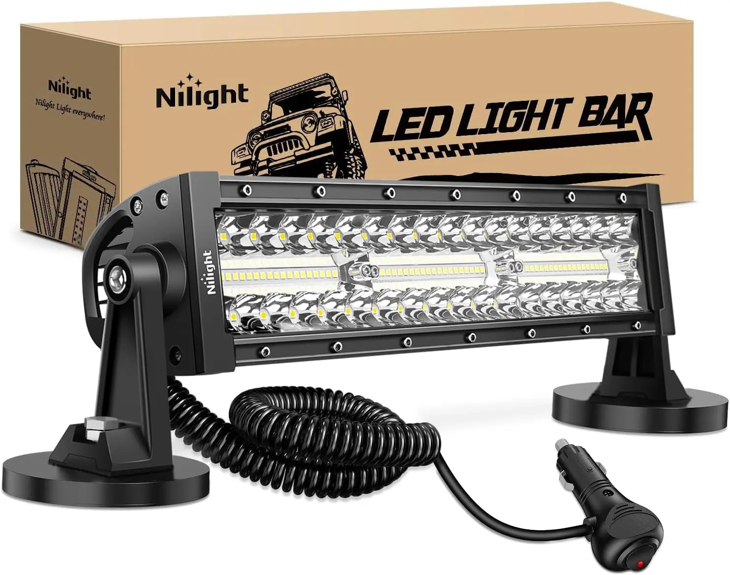 Nilight 13.5In 96LED Triple Row Aluminum Auxiliary Light Bar - Bright Offroad Spot-Flood Combo, Strong Magnetic Base, Plug-and-Play Wiring for Truck, UTV, Car Lighting Upgrade, Auxiliary Lights