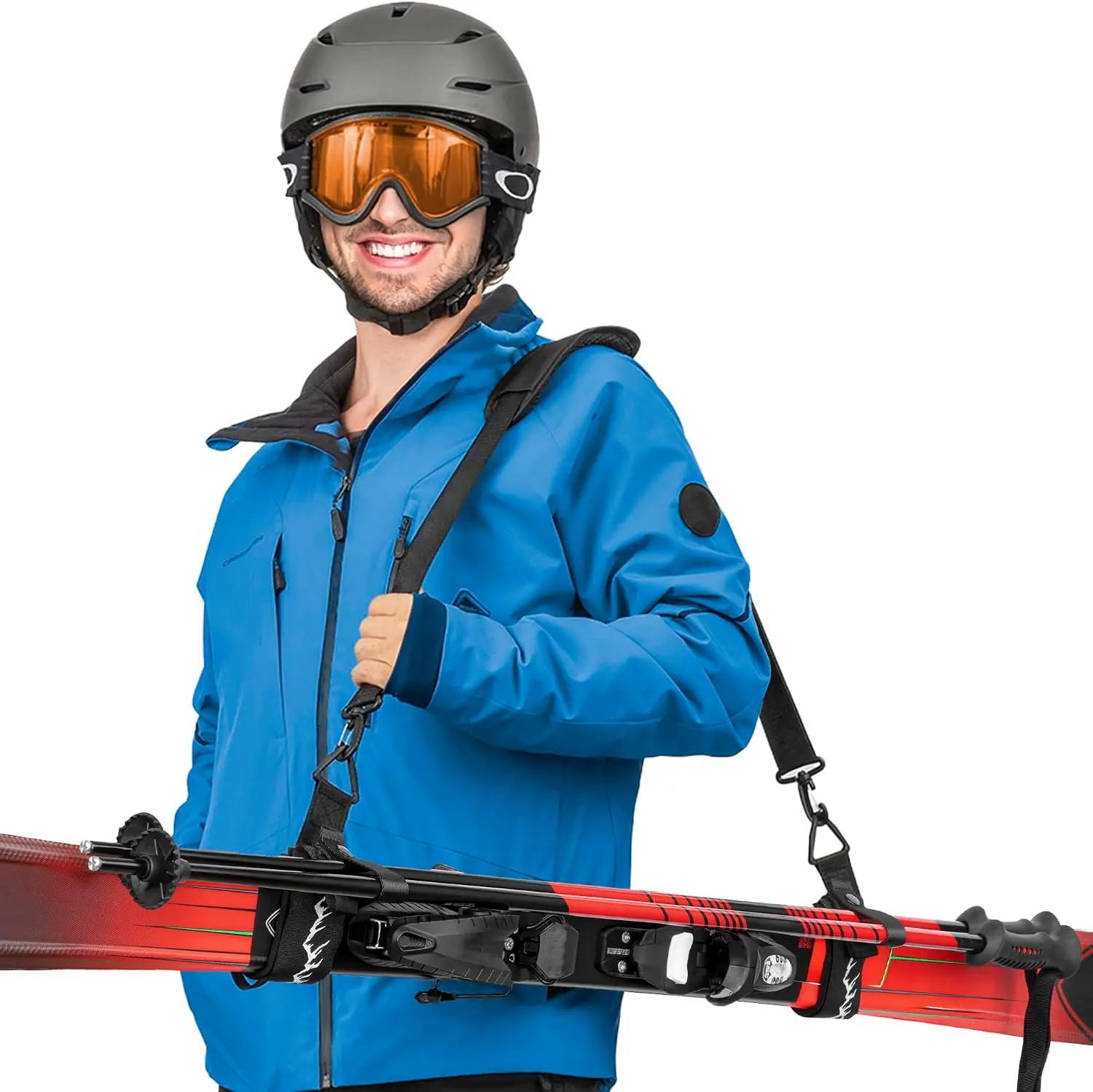 Mata1 Ski Strap & Pole Carrier - Black - Adjustable Shoulder Strap to Carry Skis & Poles with Ease