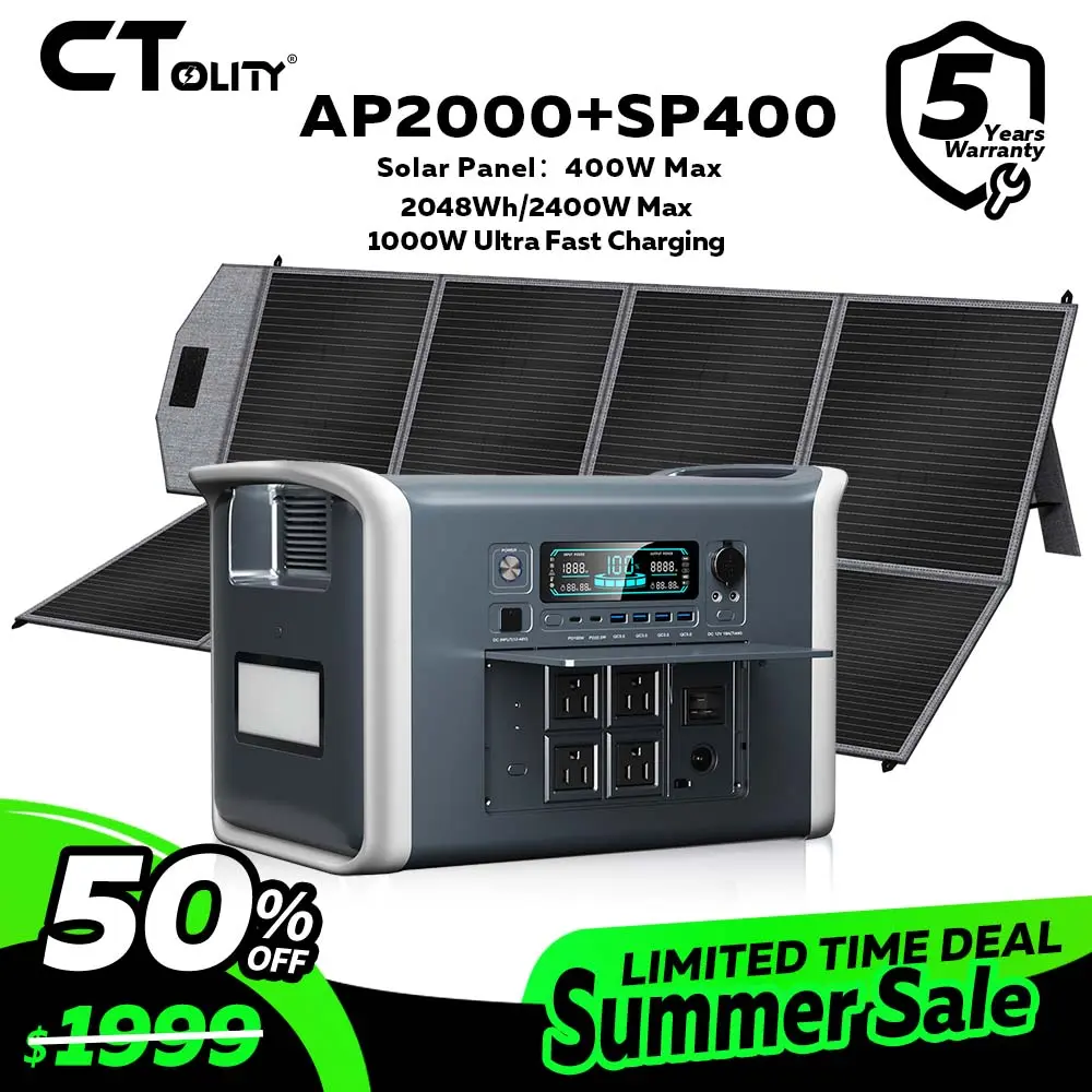 CTOLITY AP2000 High Capacity Solar Power Generator - 2048Wh LFP Emergency Solar Battery, 2400W Portable UPS Power Station, 400W Panel, 1000W AC Input, 1.2H Fast Charging Rechargeable Battery Pack, 3000 Cycles, 10-Year Lifespan, Compact for Camping, RV Use