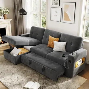 Garvee 84 Inch Sleeper Sofa Couch, L-Shaped Sofa, Convertible Pull Out Sofa Bed with Storage, Charging Station, Led Lights, Modern Sectional Sofa for Living Room, Apartment, Velvet, Dark Grey