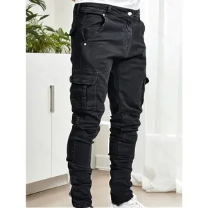 Men's Slim Fit Cargo Jeans - Stretch Denim with Multi-Pocket Design, Street Style, All-Season Wear