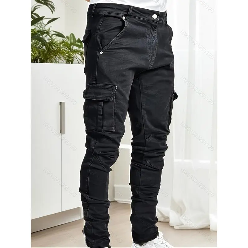 Men's Slim Fit Cargo Jeans - Stretch Denim, Multi-Pocket, Anti-Theft, Polka Dot, Normal Type, Casual Fashion, Street Style, All-Season Wear, Hand Wash Only
