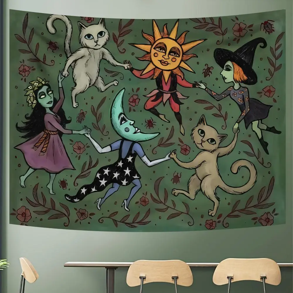 Witch & Cat Animal Character Tapestry, Decorative Vibrant Wall Hanging Art, Home Decor Accessory for Living Room, Gift for Friends, Animal Character Tapestries