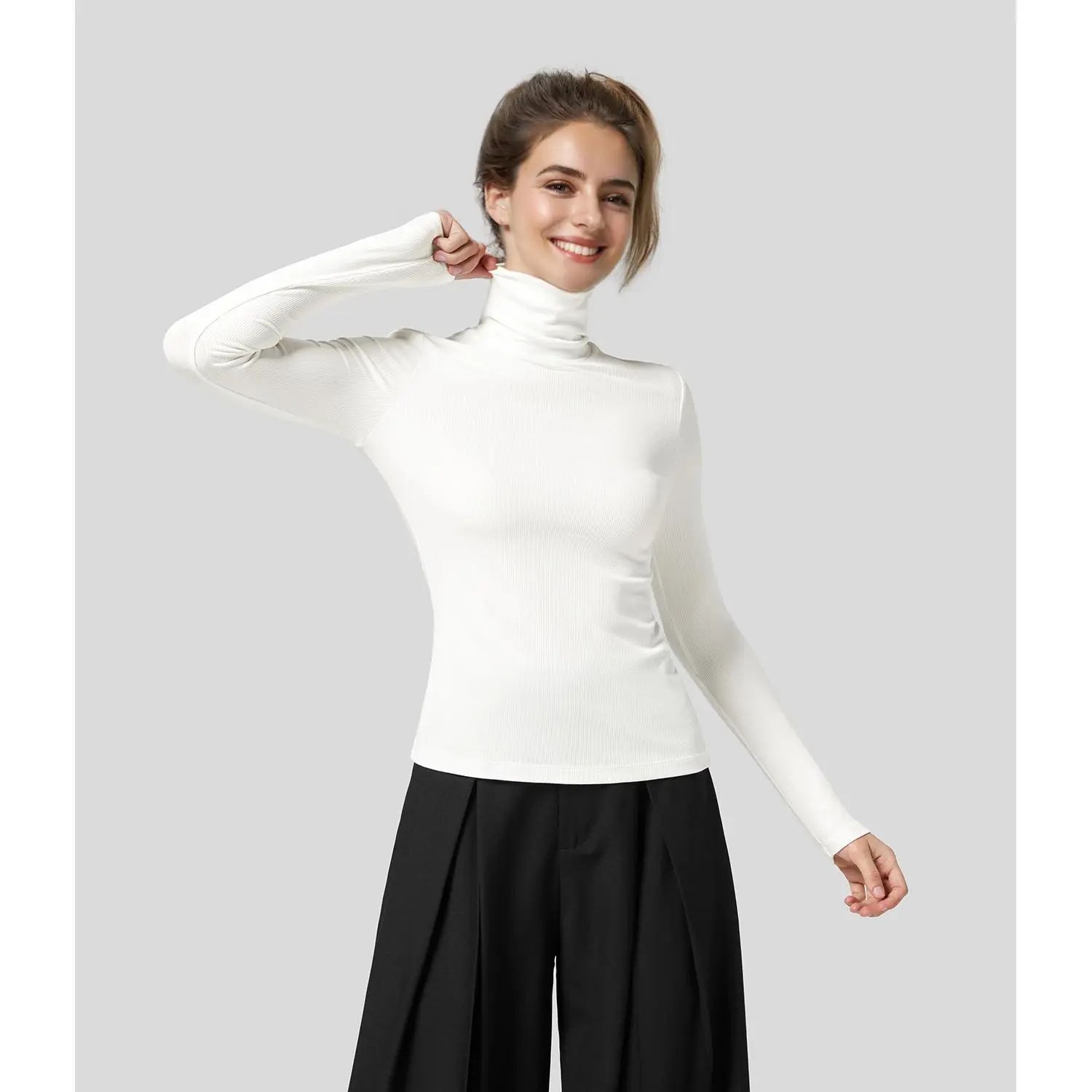 Halara Ribbed Knit High Collar Long Sleeve Casual Top