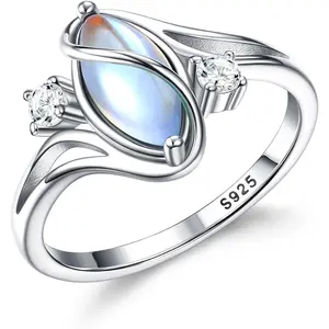 Silver Rings for Women Moonstone Ring Rainbow Cubic Zirconia Accents Ring Solitaire Gemstone Statement Rings 18K Gold Plated Silver Rings