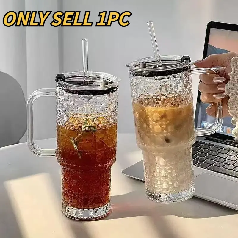 Large Capacity Glass Cup with Handle and Straw, High Aesthetic Office Insulated Water Bottle, Heat Resistant Drinking Mug, Straw Handle Tumbler, Drinkware