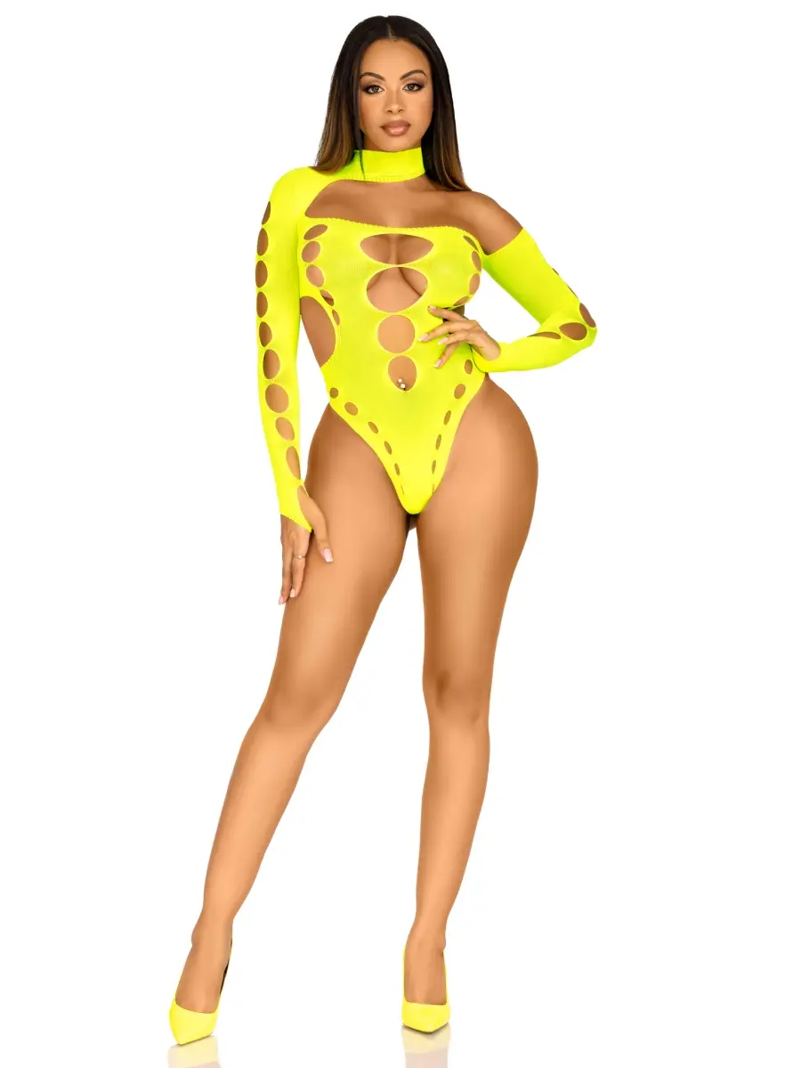 Leg Avenue Women's Sexy Seamless 1-Shoulder Asymmetrical Cut-Out Lingerie Thong Bodysuit - Neon Yellow, Soft Fabric, Festival Wear, 1 Size Fits Most (Style 89310-03322), Tops, Comfortable, Women's Clothes, Bedroom, Stretchy, Thong Back, One Shoulder