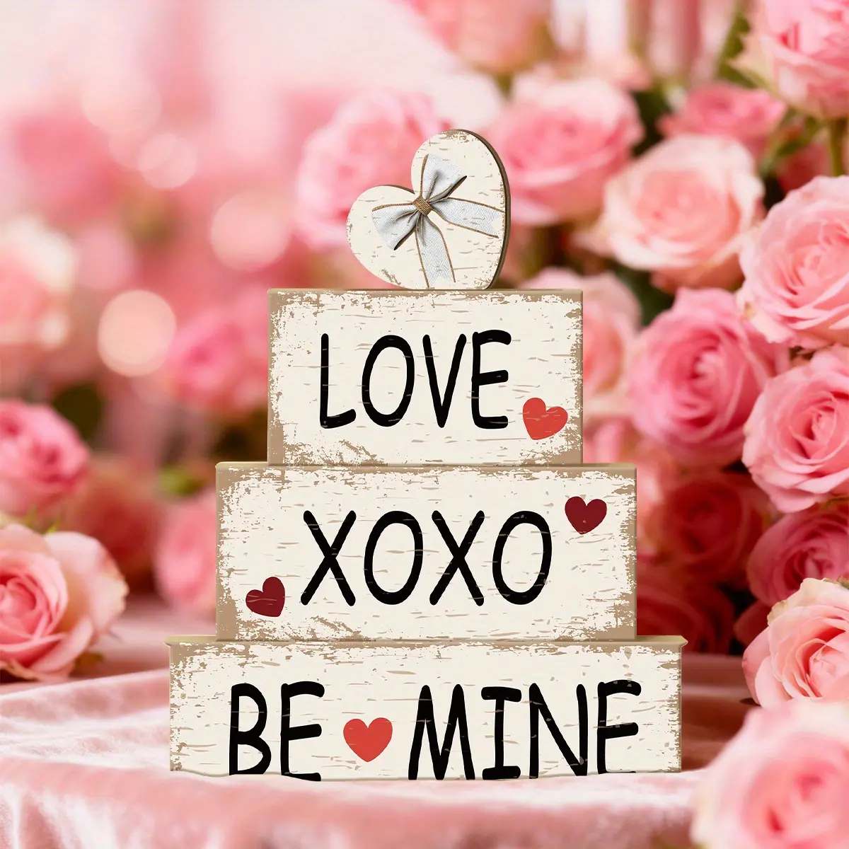4 Pcs Valentine Decorative Sign & Plaque LOVE XOXO BE MINE Wooden Blocks with Hearts, Table Centerpiece, Tiered Tray Decor & Decorative Stacked Blocks for Coffee Table, Fireplace Mantel, Floating Shelf