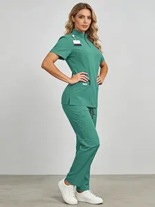 Professional Scrub Suit, Stand-Up Collar Design for Simple Protection, Micro-Elastic Fabric, Multi-Functional Pockets, Hospital & Clinic Use