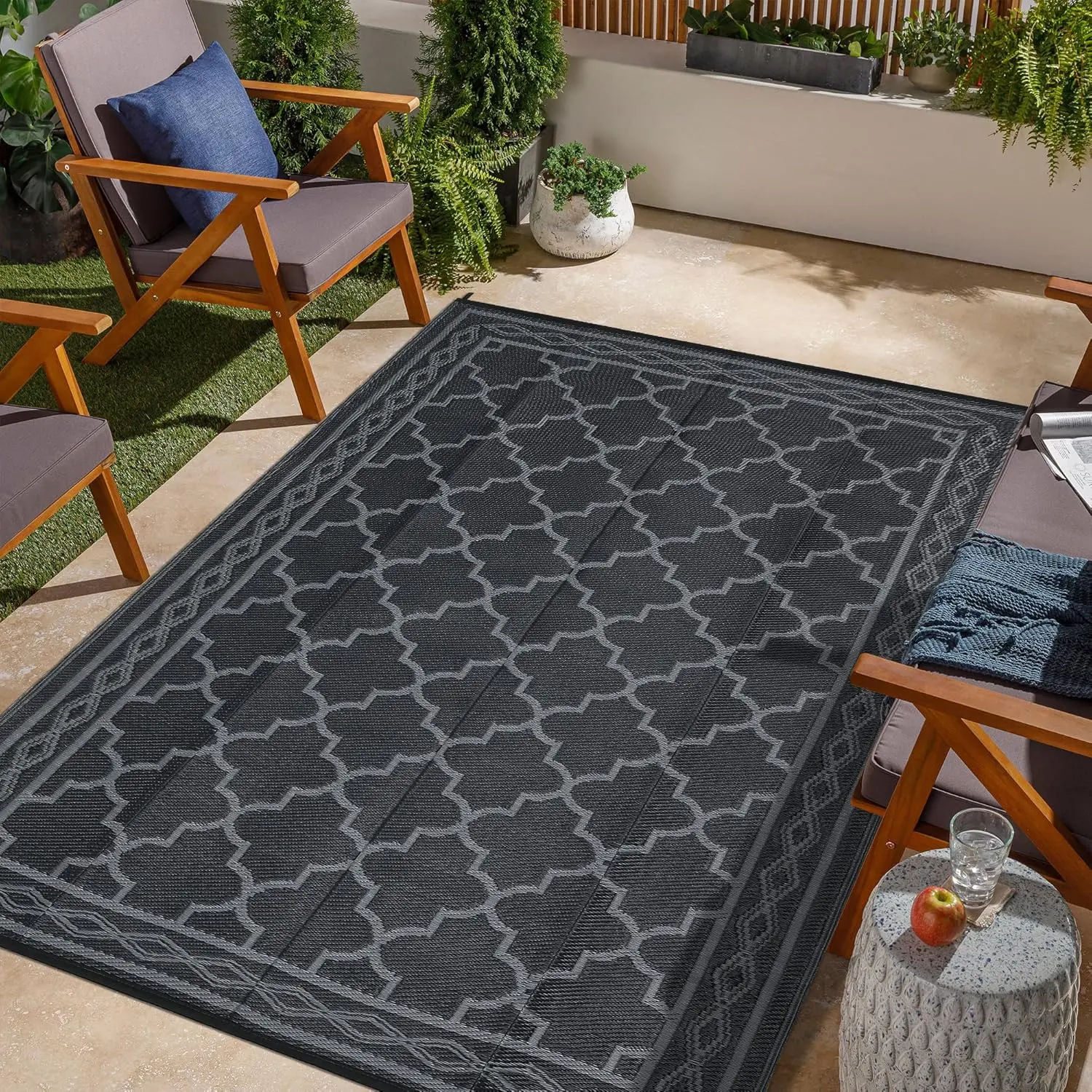 Outdoor Waterproof Rug, 320gsm Moroccan Diamond Pattern PP Straw Mat, Reversible Plastic Floor Cover for Patio, Deck, RV, Camping, Picnic