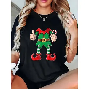 Women's Christmas Elf Graphic T-Shirt | Festive Xmas Outfit with Candy Cane, Thumbs Up, Green/Red Design, Casual Holiday Party/Everyday Wear (Black) 100% Cotton T-shirt