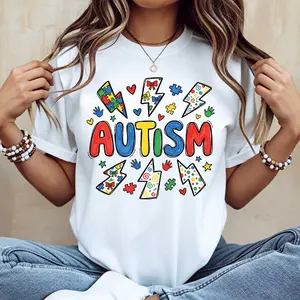 Autism Puzzle Heart Lightning Pattern Print T-Shirt White Casual Round Neck Unisex Tee For Autism Awareness And Support
