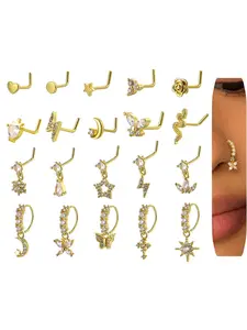 Women's Nose Ring Studs Set, 20pcs Stainless Steel L-Shaped Water Drill Dangle Nose Rings Earrings, Rhinestone Floral Design, Fashion Body Jewelry