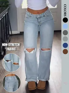 Women's Fashion Ripped Jeans, Casual Plain Design, Button Fly Closure, Fitted Natural Waist, Breathable Durable Fabric, All-Season Long Pants