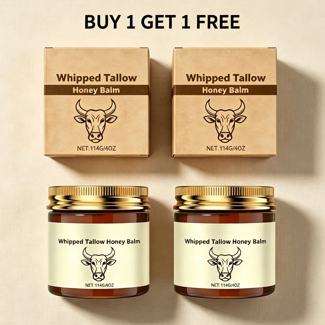 Buy 1 Get 1 Free WoodSleep Grass-Fed Whipped Tallow Honey Facial Balm Cream - 4oz Organic Lavender, Handmade, All-Natural, Chemical-Free, Hydrating for Sensitive Dry Skin, Beauty & Personal Care Skincare Staple for Hands